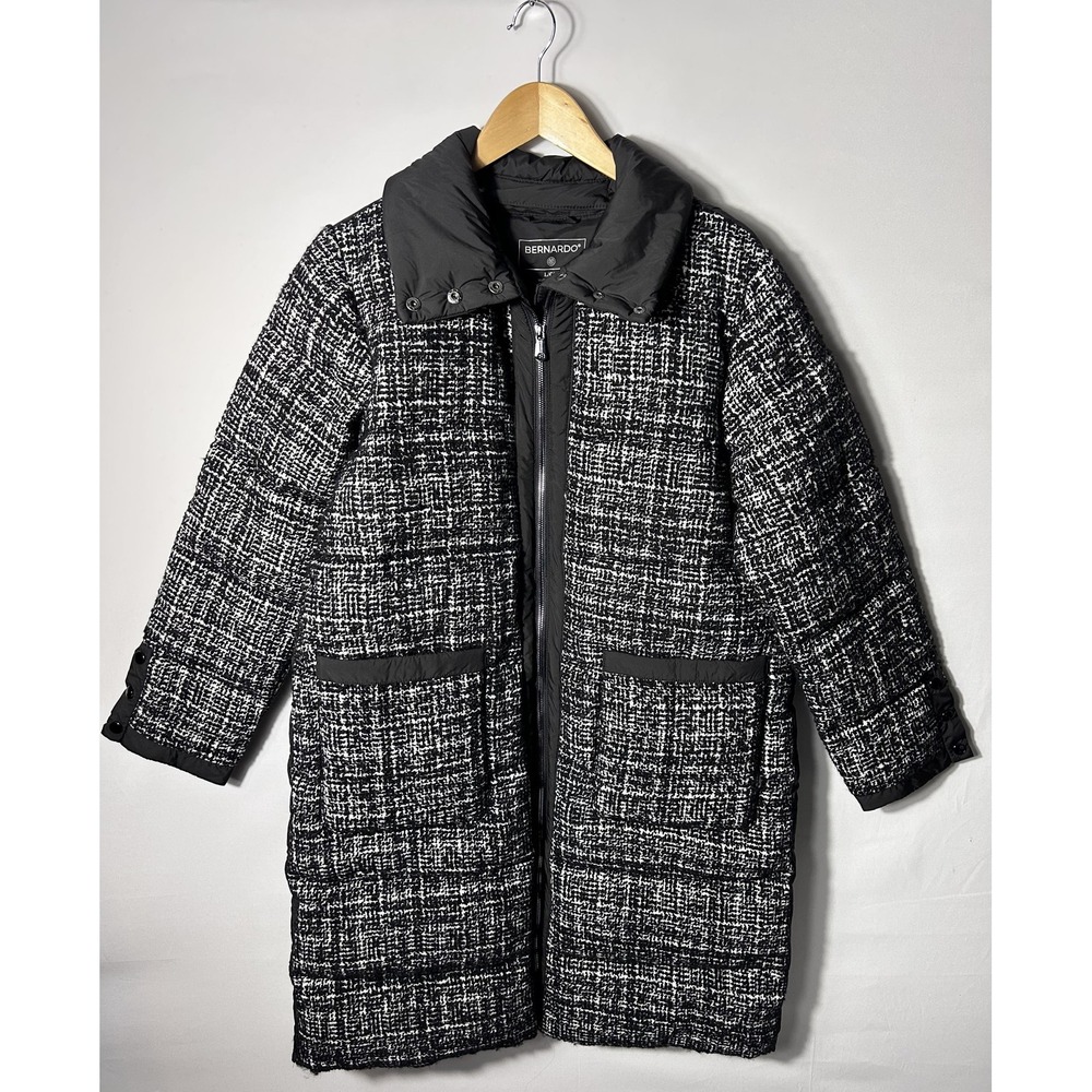 Bernardo Coat Womens Large Black Tweed Puffer Long Quilted Insulated Wool Blend